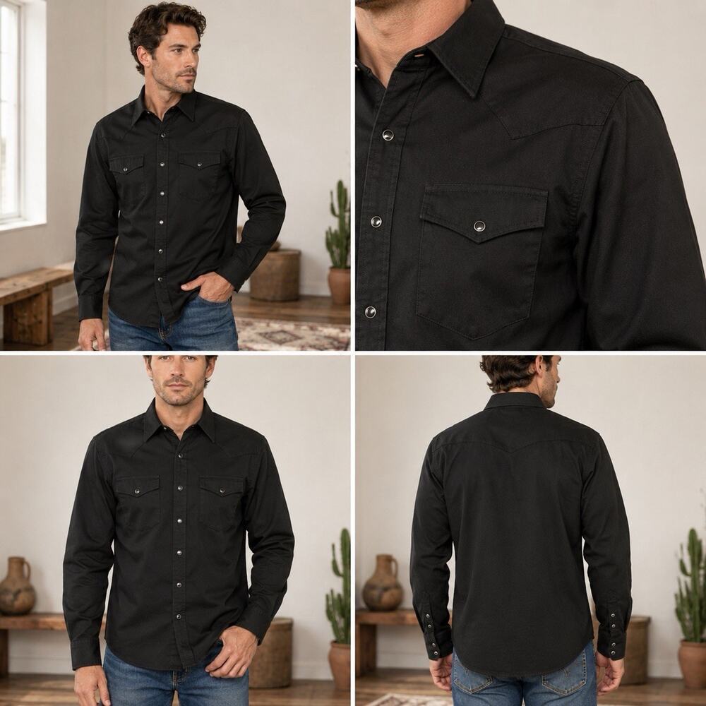 Wrangler Mens L Black Western Pearl Snap Shirt Long Sleeve Cowboy Rodeo